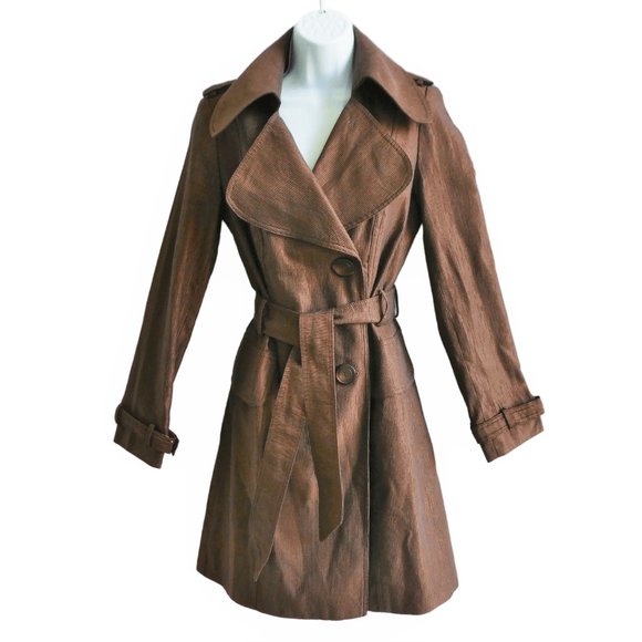 Vintage Alberto Makali Trench Coat Copper Ribbed Exaggerated Dog Ears Collar 4